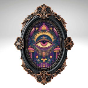 May include: A black and gold ornate oval frame with a colorful psychedelic eye design. The eye is surrounded by a golden sunburst and a purple and green background with mushrooms.