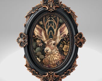 Jackalope Art Print, Dark Academia Animal Wall Art, Magical Woodland Jackrabbit Painting, Forestcore Decor, Whimsigoth Aesthetic, Goth Gift