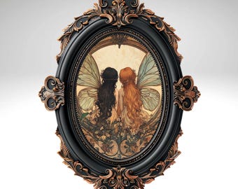 Pode incluir: Uma obra de arte emoldurada em forma oval, apresentando duas fadas com cabelos longos e asas delicadas. A obra de arte está emoldurada em uma moldura preta com detalhes ornamentais em tom de bronze. As fadas são retratadas em um cenário de jardim.
