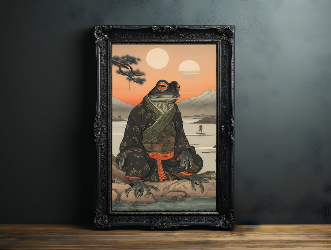 Vintage Frog Woodblock Poster, Ukiyoe Frog Print, Japanese Frog Print
