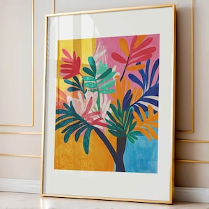 Matisse Print Inspired Wall Art, Botanical Orange Blue Yellow Abstract Wall Art, Boho Wall Art, Matisse Print, Horizontal Flowers Art Print