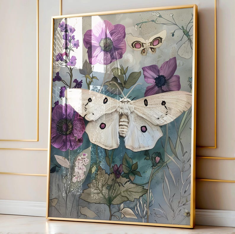 May include: A framed art print featuring a white moth with black markings against a background of purple and blue flowers. The moth is surrounded by delicate foliage and butterflies.