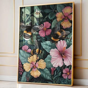 William Morris Inspired Bumble Bee Wall Art Print, Vintage Farmhouse Cottagecore Dark Academia Decor, Mid Century Botanical For Room Decor