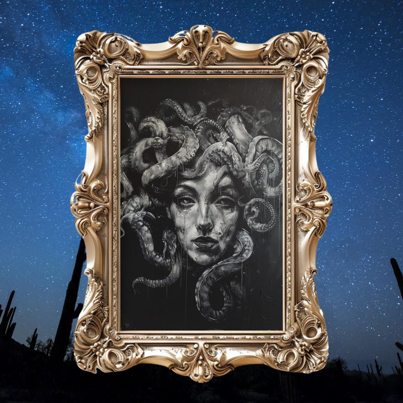 May include: A framed black and white drawing of Medusa, a mythical Greek figure with snakes for hair, against a dark background. The frame is ornate and gold.