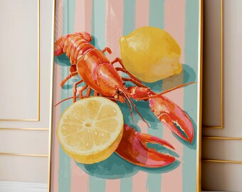 Arte mural costero, arte mural playero, póster de langosta, decoración náutica, regalo para amantes del océano, decoración playera, regalo de inauguración de la casa