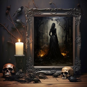 The Witch Twilight Dark Forest, Vintage Gothic Wall Art Print - Dark Academia Witchy Halloween Poster Gift, Halloween Decor