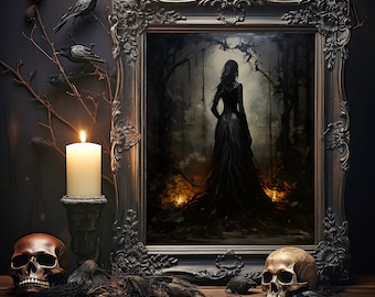 The Witch Twilight Dark Forest, DIGITALE DOWNLOAD, Vintage Gothic Wall Art Print, Dark Academia Witchy Halloween-postercadeau, Halloween-decor