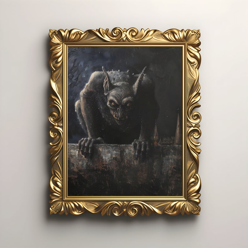 May include: A framed painting of a gargoyle with a menacing expression, perched on a stone ledge. The gargoyle is depicted in a dark, shadowy setting, with a background of a cityscape.