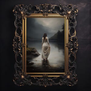 May include: A framed painting of a woman in a white dress walking towards a lake. The background is a dark, moody landscape with a hint of light in the sky.