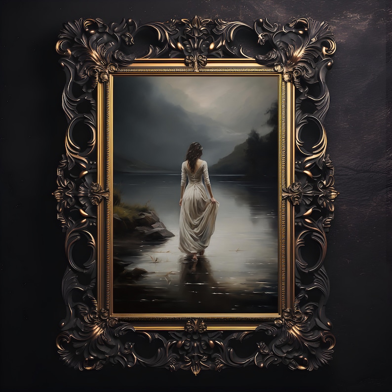 May include: A framed painting of a woman in a white dress walking towards a lake. The background is a dark, moody landscape with a hint of light in the sky.