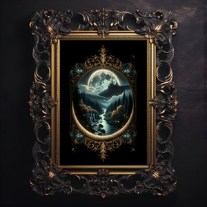 Enchanting Celestial Moon Art Print - Vintage-Inspired - Dark Academia, Dark Cottagecore, Night Sky Painting, Moon Art Print