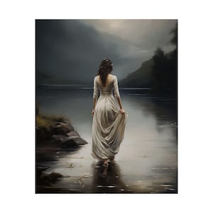 May include: A woman in a white dress walks towards the water's edge of a lake. The lake is calm and reflects the cloudy sky above. The woman's dress billows in the wind.