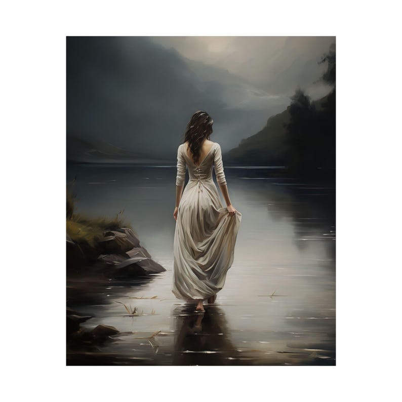 May include: A woman in a white dress walks towards the water's edge of a lake. The lake is calm and reflects the cloudy sky above. The woman's dress billows in the wind.