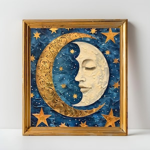 William Morris Inspired Moon and Stars Wall Art Print For Room Decor, Large Gallery Art, Vintage Print, Farmhouse Print Wall Art Spring Art