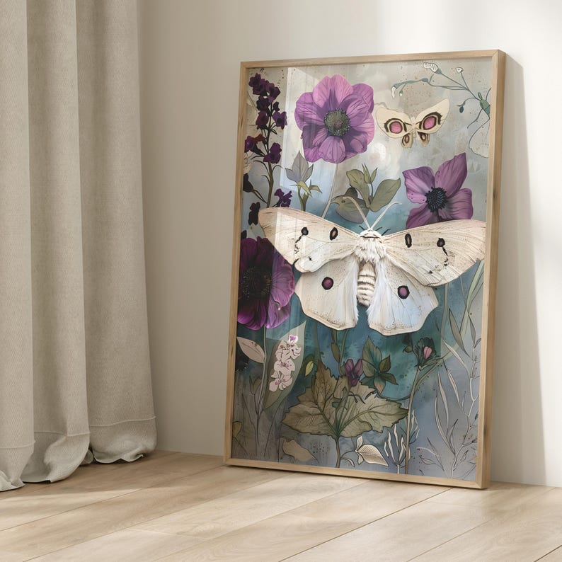 May include: A framed print featuring a white butterfly with purple and pink flowers on a blue background.