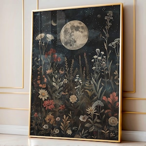 William Morris Inspired Art Print, Moon Eclipse Botanical Dark Cottagecore Decor, Dark Academia Poster Print Moody Wall Art, Moody Art