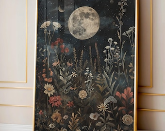 William Morris Art Print, Dark Cottagecore Decor, Moon Botanical Print, Dark Academia Wall Art, Moody Gothic Decor, Witchy Wall Art