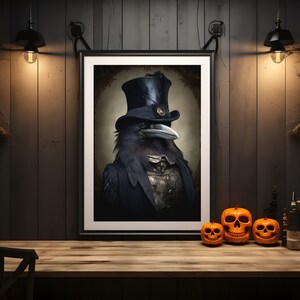 May include: A black crow wearing a top hat and a suit, framed in a black frame, with three orange jack-o'-lantern pumpkins on a wooden table.