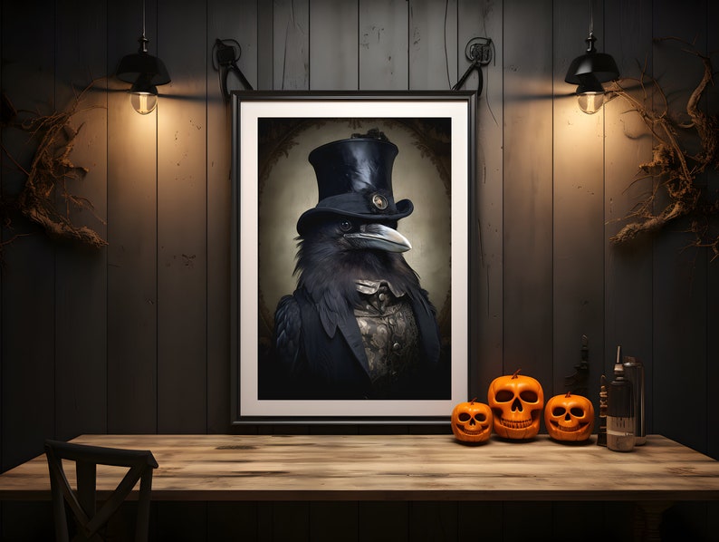 May include: A black crow wearing a top hat and a suit, framed in a black frame, with three orange jack-o'-lantern pumpkins on a wooden table.