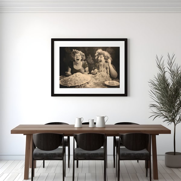 Women Eating Pasta, Black and White Art, Vintage Wall Art, Funny Art, Women Friends, Spaghetti Wall Art, Retro Wall Decor, Old Photo