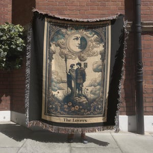 The Lovers Tarot Card Woven Blanket - Mucha Art Tapestry, Botanical Home Decor, Witchy Gift, Moody Blanket, Wimsigoth Wall Tapestry