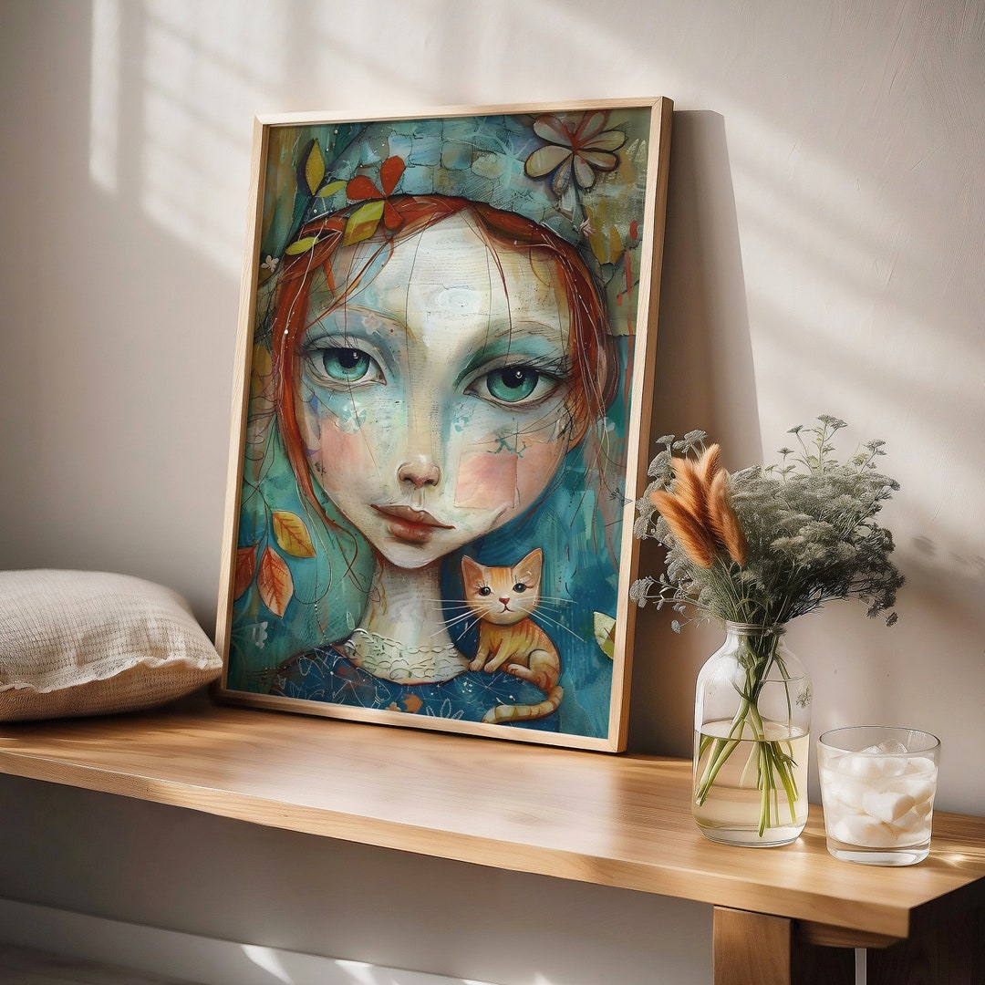 Whimsical Girl With Cat Art Print, Colorful Decor, Kids and Nursery Art ...