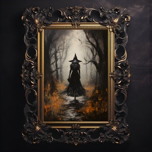 The Witch Twilight Dark Forest, Vintage Gothic Wall Art Print, Dark Academia Witchy Halloween Poster Gift, Halloween Gift image 1