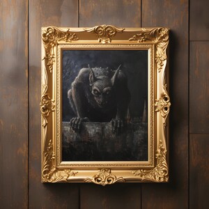 May include: A framed painting of a dark, shadowy creature with large ears and glowing eyes, peering over a wall. The creature is depicted in a gothic style, with a dark background and a sense of mystery.