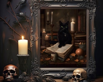 Impresión de gato negro, póster vintage, Dark Academia, gótico victoriano, arte de gato negro, decoración de brujas, impresión de póster artístico