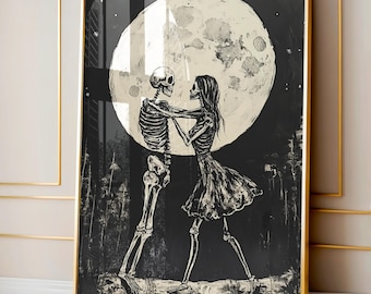 May include: Black and white illustration of two skeletons dancing under a full moon. The female skeleton is wearing a dress and the male skeleton is holding her close. The background is a dark night sky with stars.
