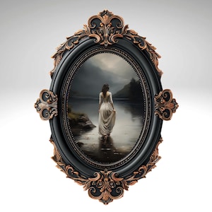 May include: A black oval frame with ornate gold accents surrounds a painting of a woman in a white dress walking towards a lake. The lake is dark and misty, and the sky is cloudy.