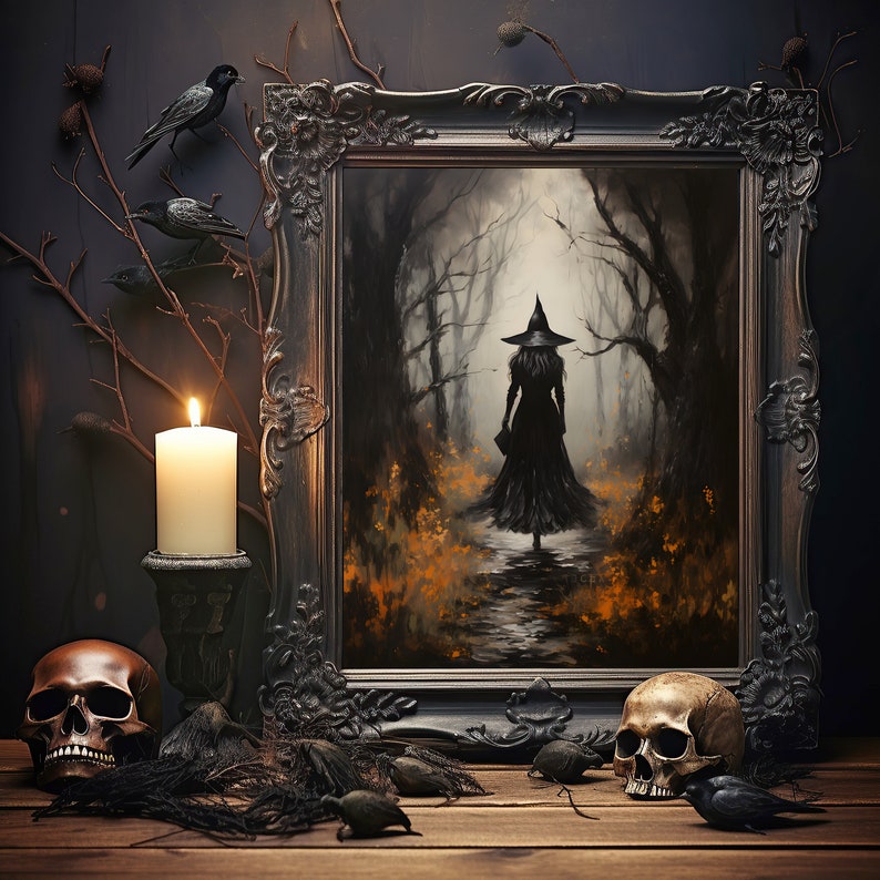 The Witch Twilight Dark Forest, Vintage Gothic Wall Art Print, Dark Academia Witchy Halloween Poster Gift, Halloween Gift image 6