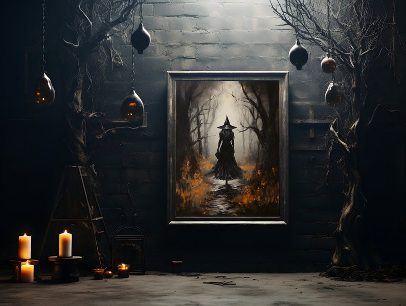 The Witch Twilight Dark Forest, Vintage Gothic Wall Art Print, Dark Academia Witchy Halloween Poster Gift, Halloween Gift image 3