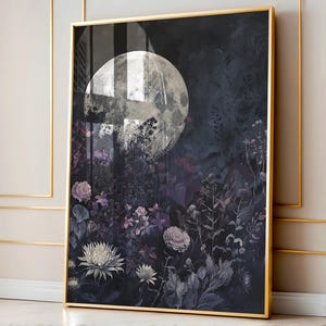 ウィリアムモリスにインスパイアされたアートプリント、ムーンエクリプスボタニカルダークコテージコアデコレーション、ダークアカデミアポスタープリントムーディなウォールアート、ムーディなアート