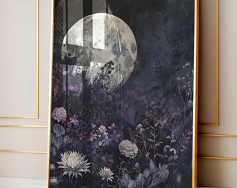 Impression d'art inspirée de William Morris, décoration botanique cottagecore sombre éclipse de lune, impression d'affiche académique sombre, art mural de mauvaise humeur, art de mauvaise humeur