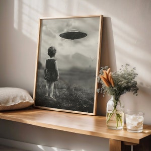Weirdcore Decor, Creepy Art, Weird Art, Odd and Surreal Art, Macabre Artwork, Dark Art, Darkcore Decor, Child and UFO, Vintage Art