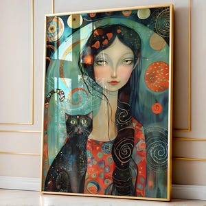 黒猫アート、気まぐれな猫のアートプリントを持つ少女、カラフルな装飾、子供と保育園のアート、部屋の装飾のための気まぐれな壁アート