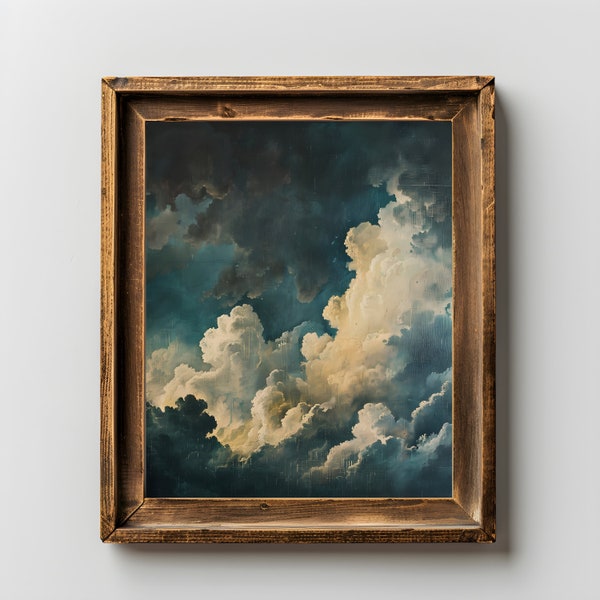 Vintage Moody Clouds Wall Art Print, Cloudy Sky, Gallery Art, Minimalist ArtDark Academia, Dark Cottagecore, Night Sky Painting