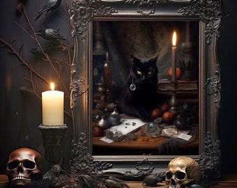 Impresión de gato negro, póster vintage, Dark Academia, gótico victoriano, arte de gato negro, decoración de brujas, impresión de póster artístico, descarga digital