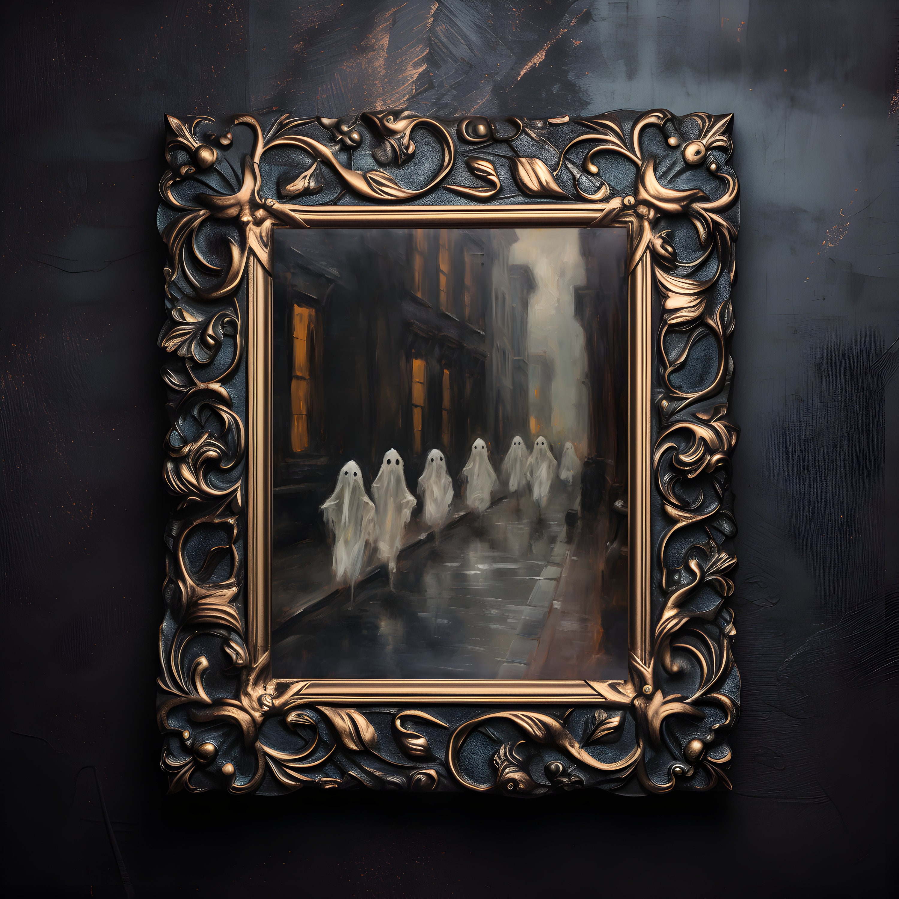 Ghosts Walking on the Street Poster, Sheeted Ghost Print, Cute
