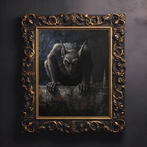 May include: A framed painting of a gargoyle with a dark, menacing expression. The gargoyle is perched on a stone ledge, with a cityscape visible in the background. The painting is set in a dark, gothic style.