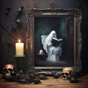 Póster de fantasma sentado en el inodoro, lámina artística de fantasma con sábana, lámina gótica espeluznante con carita de fantasma adorable, arte abandonado, decoración de habitación estilo academia oscura