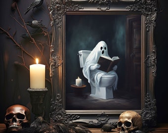 Ghost Sitting on Toilet Poster, Sheeted Ghost Art Print, Cute Little Ghost Face Spooky Gothic Print, Abandoned Art, Dark Academia Room Decor