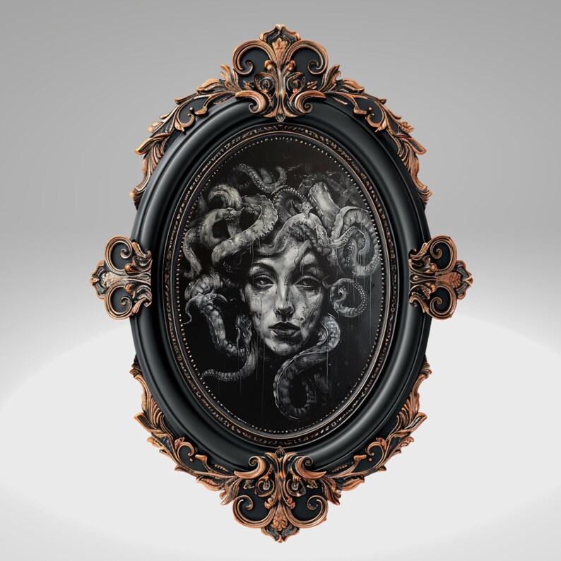May include: A black and gold oval frame with a detailed ornate design. The frame contains a black and white illustration of a woman with snakes for hair.