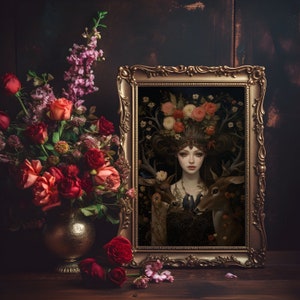Dark Academia Print, Frau mit Reh und Rehkitz, Stimmungsvolle Viktorianische Wandkunst, Dunkle Dekorästhetik, Dunkler Cottagecore, Gothic Drucke