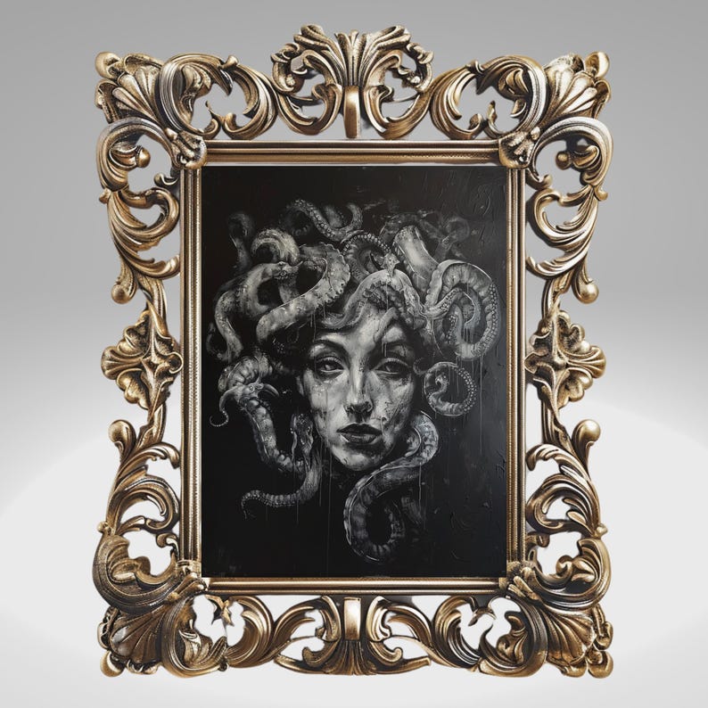 May include: A black and white illustration of Medusa, a mythical Greek creature with snakes for hair, framed in a gold ornate frame.