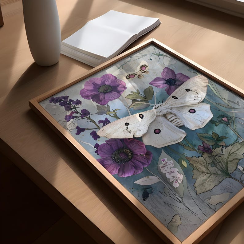 May include: A framed illustration of a white moth with black markings, surrounded by purple flowers and green leaves on a blue background.
