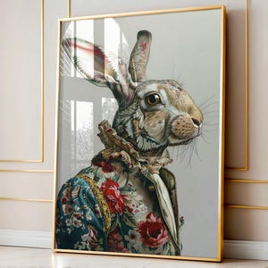 Williams Morris Inspired Eclectic Rabbit Art Print For Room Decor, Animal Portrait, Colourful Art, Cottagecore Vintage Floral Art