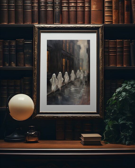 Ghosts Walking on the Street Poster, Sheeted Ghost Print, Cute