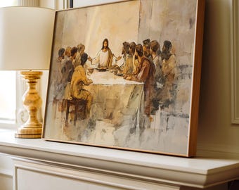 May include: A watercolor painting depicting a scene of the Last Supper. Jesus is seated at the head of a table with his disciples. The painting is done in warm tones of brown, yellow, and white.